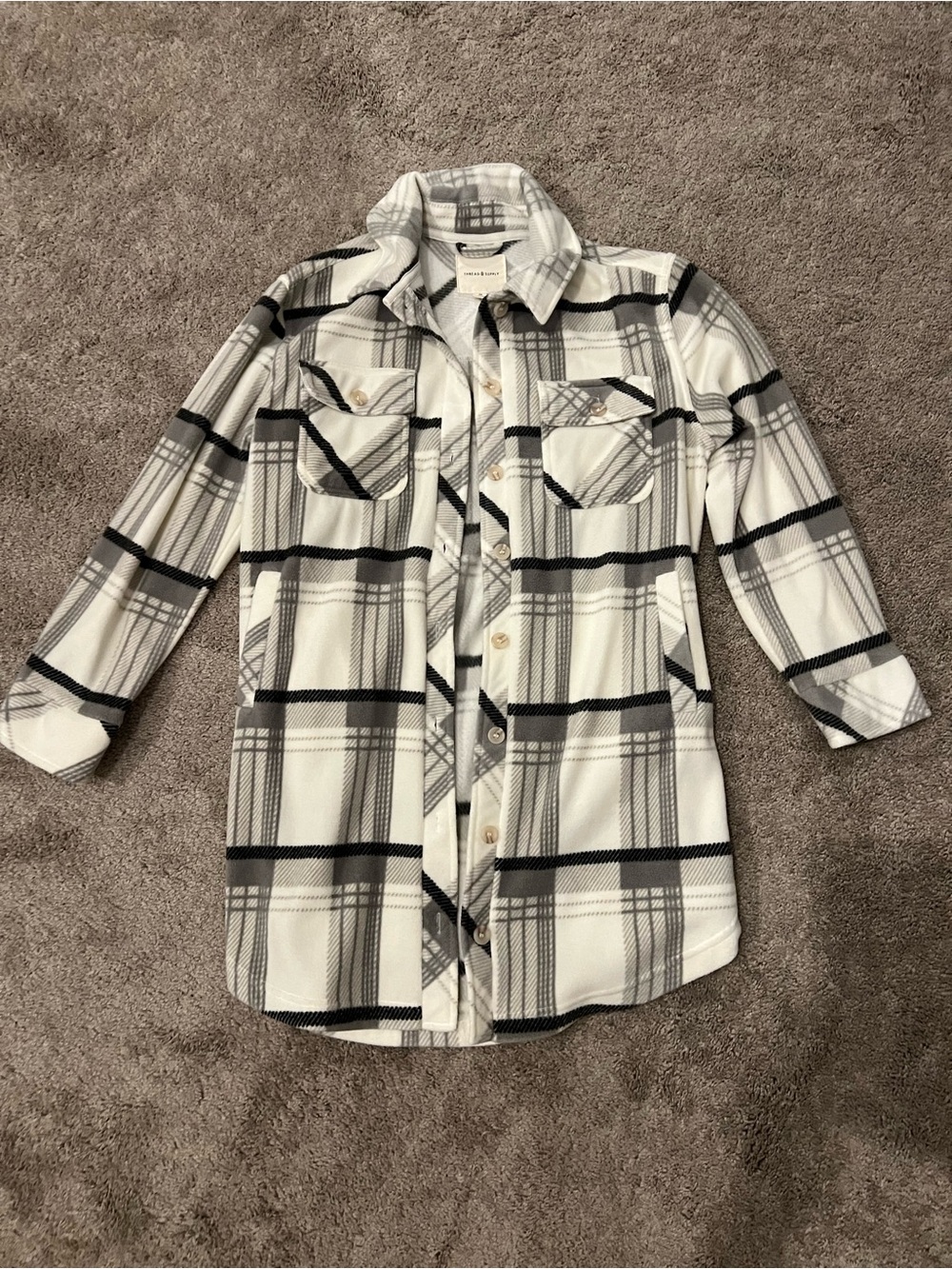 White and Black Plaid Fleece Shacket